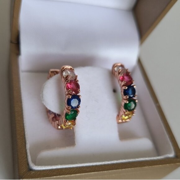 Gorgeous Vintage Rose Gold Rainbow Gemstone Crystal Hoop Earrings Multicolour - Picture 11 of 12